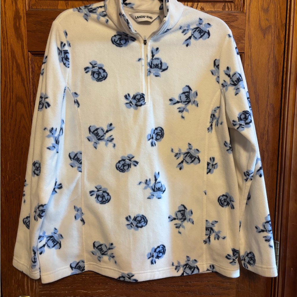 Lands' End White Fleece Pullover with Blue Floral Print